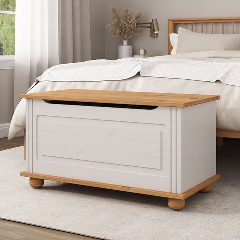 Baú Assento Organizador Madeira Maciça Bristol Branco Madeirado Idimex