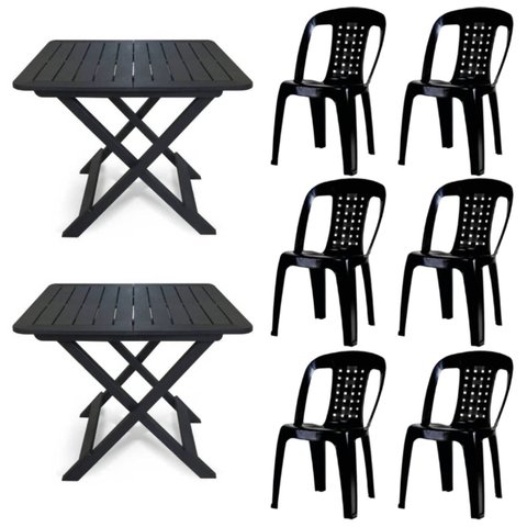 2 Mesas Quadradas Dobráveis 80cm Preta + 6 Cadeiras Vime Empilhável