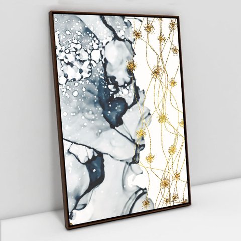 Quadro Decorativo em Canvas Abstrato Mármore Azul e Branco TaColado Moldura Flutuante 4,5cm Madeira 