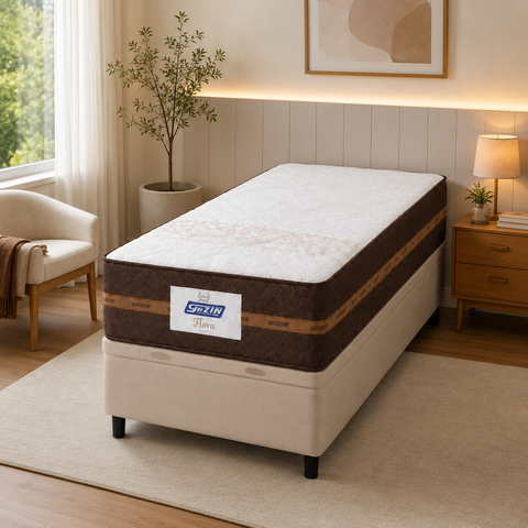Cama Box Baú Solteiro Colchão Gazin Molas Flora 88x188x63cm (Bege)