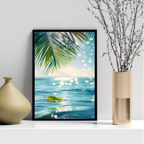 Quadro Decorativo Praia - Folha 24x18cm - com Vidro:moldura Preta