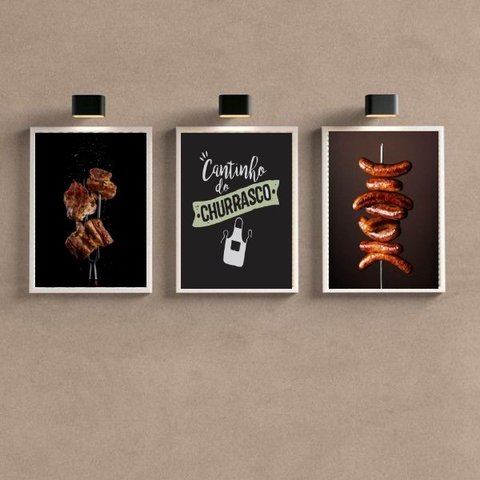Kit 3 Quadros Decorativos Cantinho Churrasco Fotos 33x24cm:madeira Preta