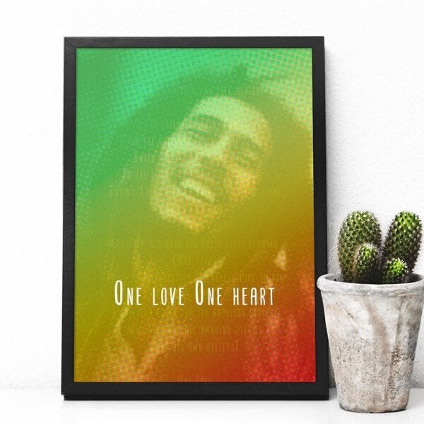Quadro Bob Marley – One Love! One Heart | com Vidro Fosco e Moldura - A4 - 24x33cm - 2