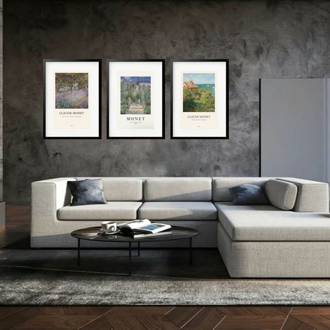 Kit 3 Quadros Grandes Monet Garden Collection 60x48cm:moldura Preta