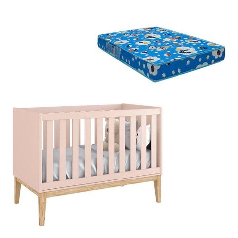 Berço Americano New Classic Rosa com Pés Madeira Natural e Colchão Ortobom - Reller