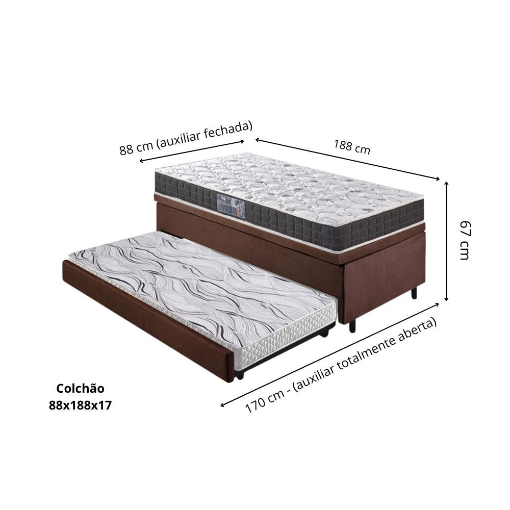 Bicama Box Baú Solteiro Suede Marrom 88x188 com Colchão Pantanal Espuma D28 Anjos - 3