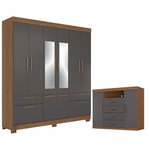 Guarda Roupa Casal 8 Portas Curitiba com Espelho e Cômoda Havana Master Jatobá Grafite Acetinado - S
