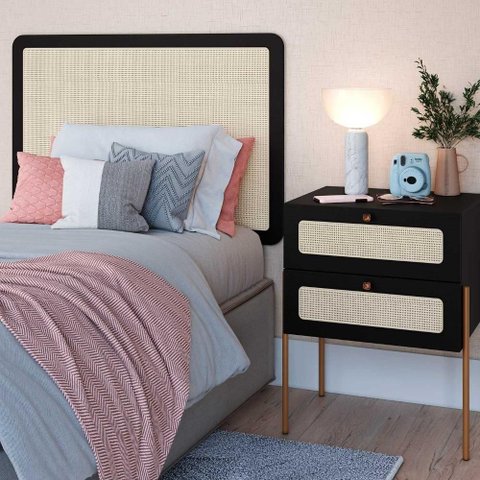 Conjunto Cabeceira Painel Solteiro Fixação na Parede MDP Nero com Dourado Mesa 2 Gavetas Artesano