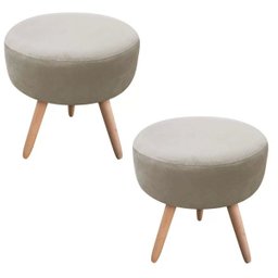 Kit 2 Puff Banqueta Berlim Redondo Suede Marrom Rato Pés Natural - 1