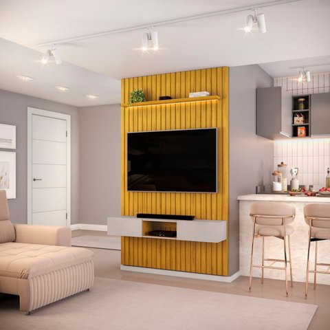 Painel Ripado para TV até 60 Polegadas com LED MDF 143CMX240CM Nicho e LED Trento