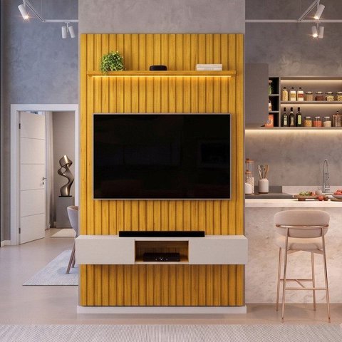 Painel Ripado para TV até 60 Polegadas com LED MDF 143CMX240CM Nicho e LED Trento