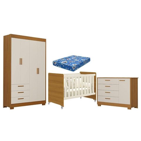 Quarto de Bebê Zaki e Berço Americano Evolution 4 em 1 Areia Acetinado Savana com Colchão Ortobom - 