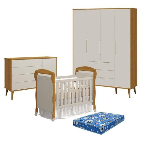 Quarto de Bebê 4 Portas com Cômoda com Porta Elfe Retrô e Berço Americano Danny Areia Savana Acetina