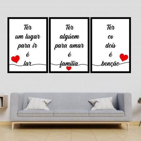 Kit 3 Quadros Lar, Família, Benção - Branco 33x24cm - com vidro:Madeira preta