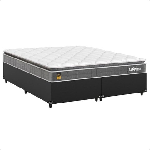 Cama Box Queen Couro Preto + Colchão Life D33 Pillow Top Cinza 56x158x198cm - e-Shop Casa