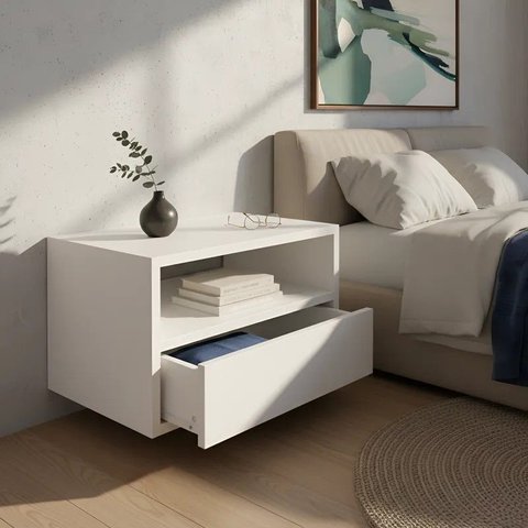 Mesa de Cabeceira Nicho com Gaveteiro Suspenso de Parede Branco Laca