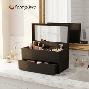 Porta Maquiagem Caixa Organizadora com Espelho Preto Laca