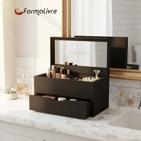 Porta Maquiagem Caixa Organizadora com Espelho Preto Laca