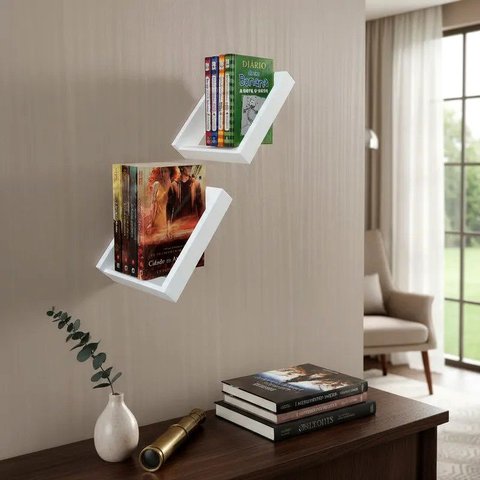 Prateleira Porta Livros Suporte Estante Nicho Decorativo Parede 2 Peças Branco Laca