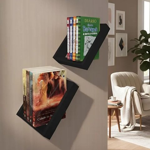 Prateleira Porta Livros Suporte Estante Nicho Decorativo Parede 2 Peças Preto Laca