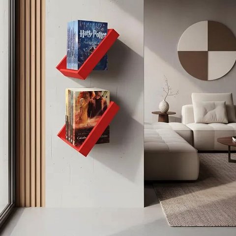 Prateleira Porta Livros Suporte Estante Nicho Decorativo Parede 2 Peças Vermelho Laca