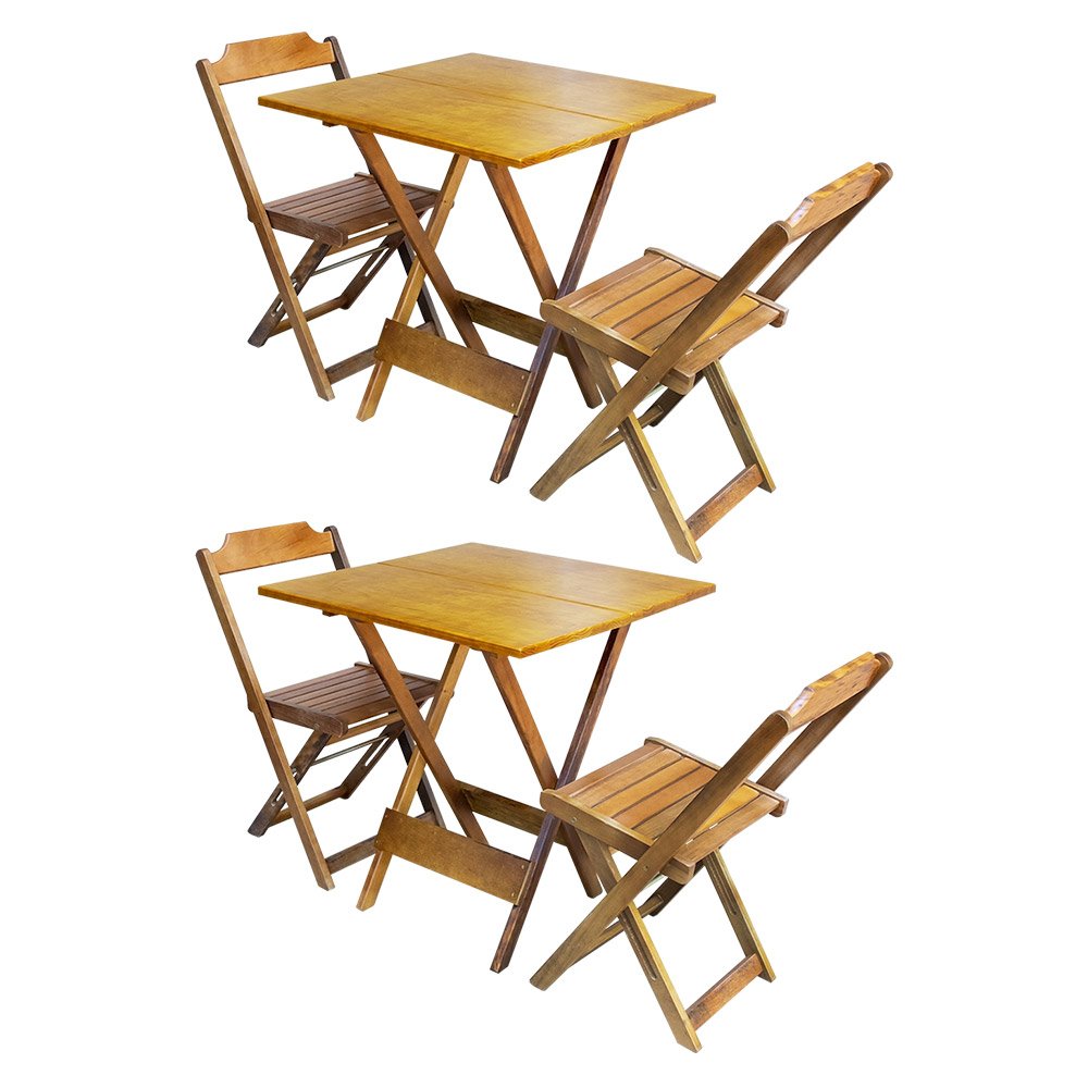 Kit 2 Conjuntos de Mesa Dobrável com 2 Cadeiras de Madeira 70x70 Ideal para Bar e Restaurante - Mel - 1