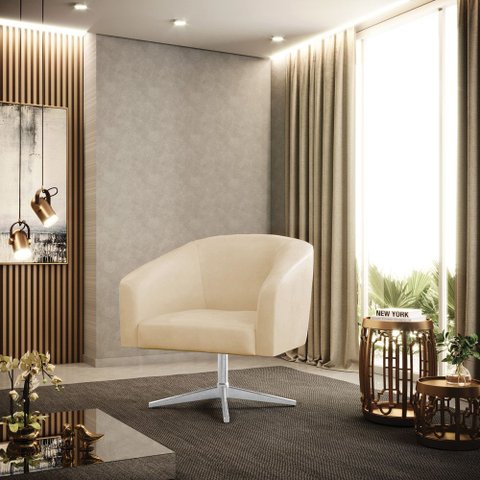 Poltrona Sala Decorativa Stella Giratória Cromada Sintético Pu Bege D03 - D’Rossi