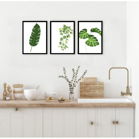 Kit 3 Quadros Decorativos Minimalistas Plantas 33x24cm:moldura Preta