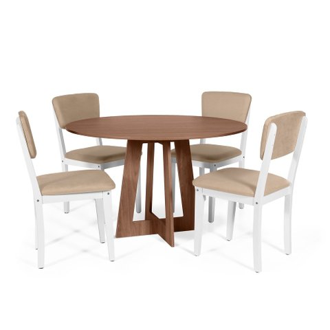 Mesa de Jantar Redonda Montreal Noronha com 4 Cadeiras Estofadas Ella Branco/bege