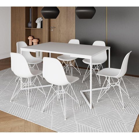 Mesa Industrial Jantar Retangular 137X90Cm Branca Base V Com 6 Cadeiras Brancas Ferro B Branco