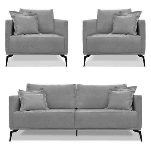Kit 2 Poltronas e Sofá Living 2 Lugares 1,60m Sirius Linho Grafite Pés Metálicos - Pallazio