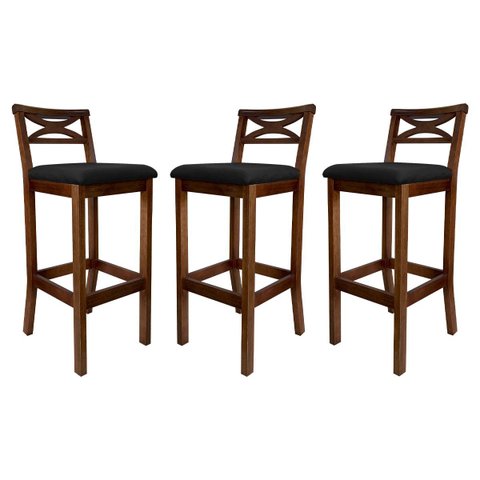 Kit 3 Banquetas Média Estofada para Bancada Madri Madeira Castanho Suede Preto CCS