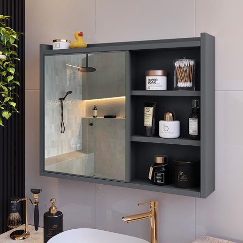 Espelheira de Banheiro Armário Suspenso 1 Porta com Prateleira Organizador Luxo - Cinza