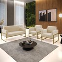 Ver imagem 2 de Sofá Namoradeira com 2 Poltronas Base Industrial Alta Dourado Marisa Suede Bege D03 - D’Rossi