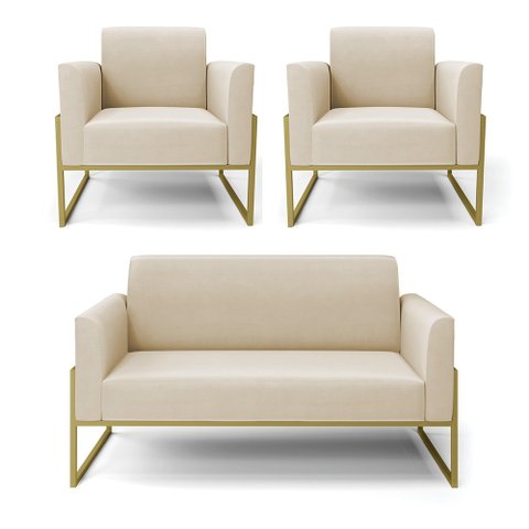 Sofá Namoradeira com 2 Poltronas Base Industrial Alta Dourado Marisa Suede Bege D03 - D’Rossi