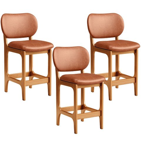 Kit 03 Banquetas Baixa Bar Cozinha Sala Jantar Fixa Betta L02 Imbuia Couríssimo Camel - Lyam Decor B