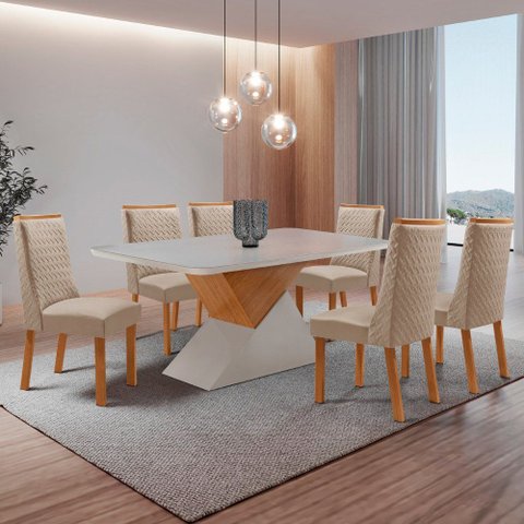 Mesa de Jantar Aster 180cm Tampo MDF Vidro Canto Copo com 6 Cadeiras Carolina