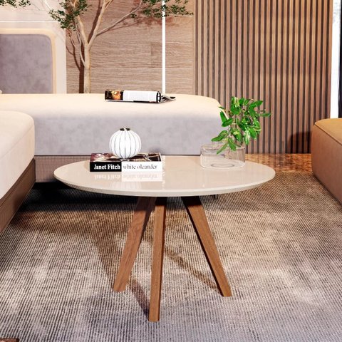 Mesa de Centro Dubai Redonda Decorativa Sala Estar Pés Madeira Off White