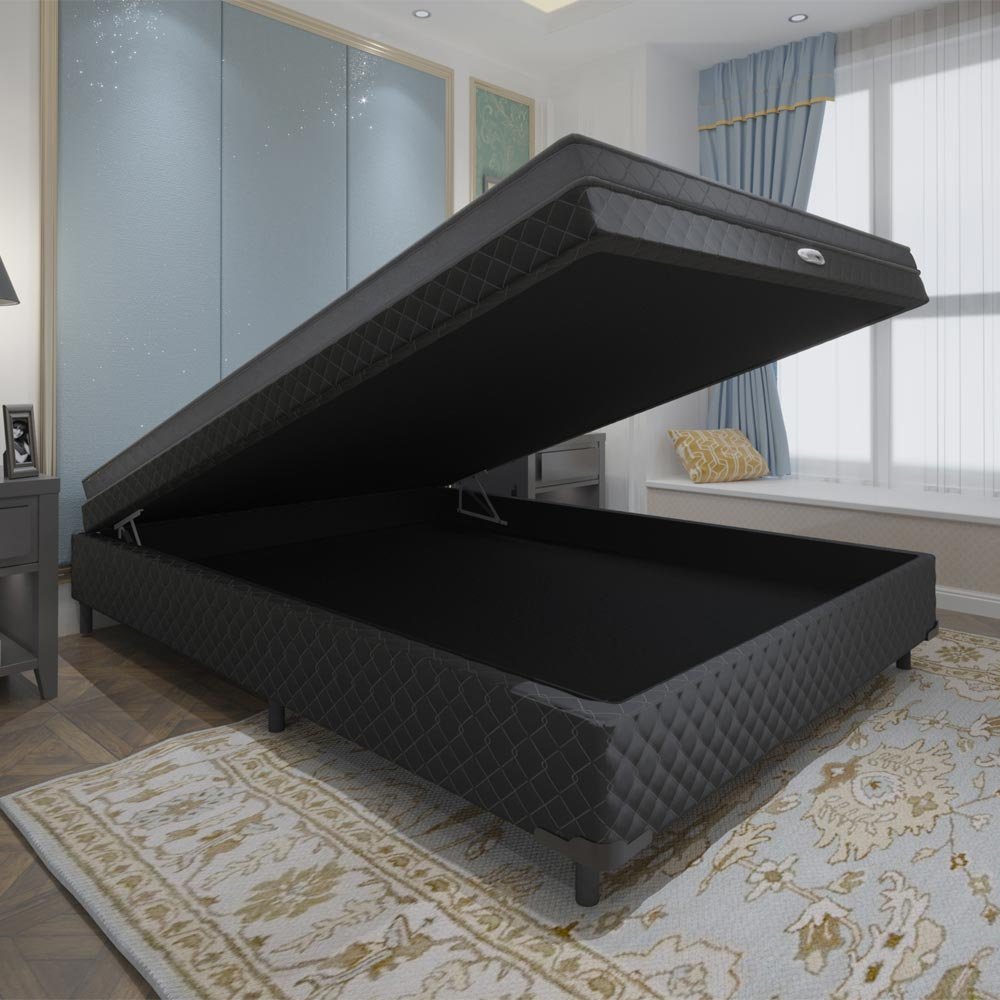 Cama Box Casal Conjugado Com Baú Modena Black Somopar MadeiraMadeira