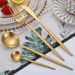 Jogo de Talheres Conjunto 4 Peças Dourado Luxo Gourmet Cozinha Mesa Colher Garfo Faca Sobremesa - 3
