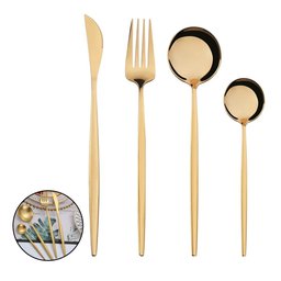Jogo de Talheres Conjunto 4 Peças Dourado Luxo Gourmet Cozinha Mesa Colher Garfo Faca Sobremesa - 1