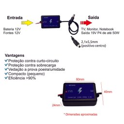 Conversor Tensão 12v para 19v 3,5a pra Tv Monitor e Notebook - 2