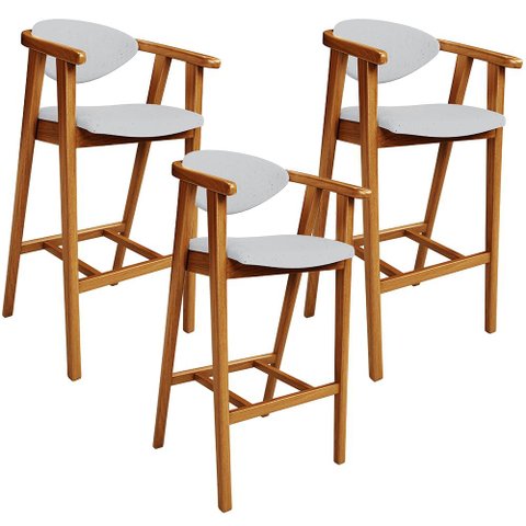 Kit 03 Banquetas Alta para Cozinha Bancada Bar Sala de Jantar Fixa Cecília L02 Linho Cinza - Lyam