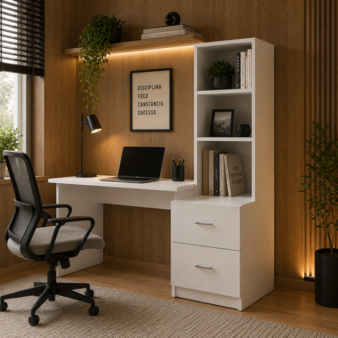 Mesa Estante Home Office Lumi com Nichos Organizador - Branco