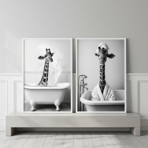 Kit 2 Quadros para Banheiro Dona Girafa 33x24cm Mold Branca Vidro