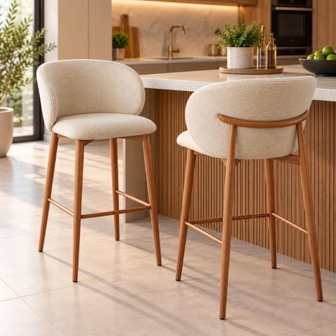 Kit 2 Banquetas Altas Firenze Linho Creme Aço Efeito Madeira para Bancada Gourmet