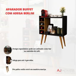 Aparador Buffet com Adega Bar Cantinho do Café Pés Palito Retrô Berlim - Preto com Freijó - 5