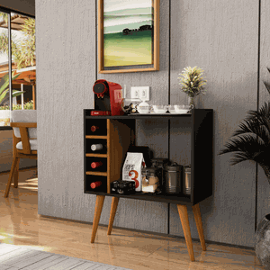 Aparador Buffet com Adega Bar Cantinho do Café Pés Palito Retrô Berlim - Preto com Freijó