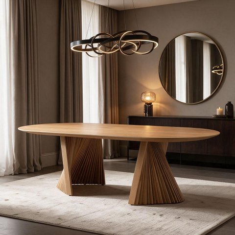 Mesa de Jantar 8 Lugares Oval Base Dupla Ripada 240cm Rigon B05 Amêndoa Cinamomo - Lyam Decor