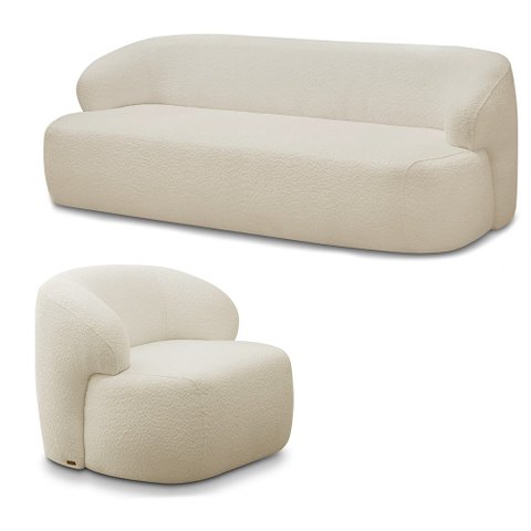 Conjunto Sala de Estar Decorativo Charlote 1 Sofá 180cm 2 Lugares 1 Poltrona Base Fixa com Puff Bouc